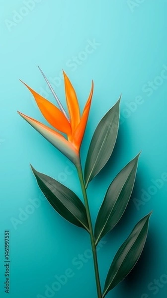 Fototapeta Vibrant Orange Bird of Paradise Flower with Green Leaves on Teal Background