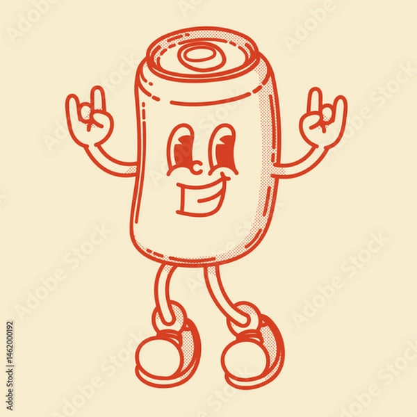 Fototapeta A cheerful cartoon tin can of drink mascot in shoes smiling. Bar menu symbol. Stands with hands raised with rock gesture
