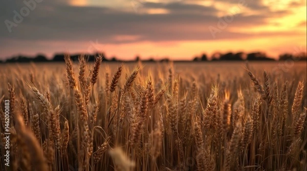 Fototapeta vast wheat field glowing under the golden hues of a summer sunset 