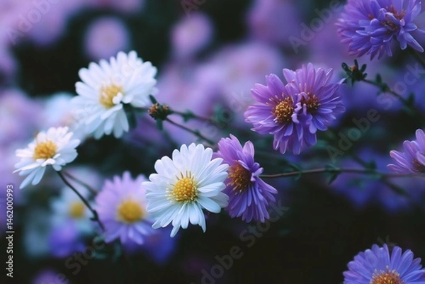 Fototapeta white and purple asters, with an aesthetic, pastel color palette, close-up composition 