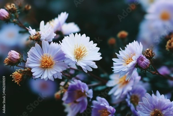 Fototapeta white and purple asters, with an aesthetic, pastel color palette, close-up composition 