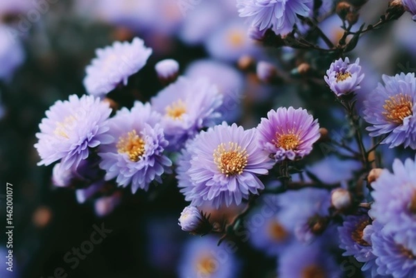 Fototapeta white and purple asters, with an aesthetic, pastel color palette, close-up composition 