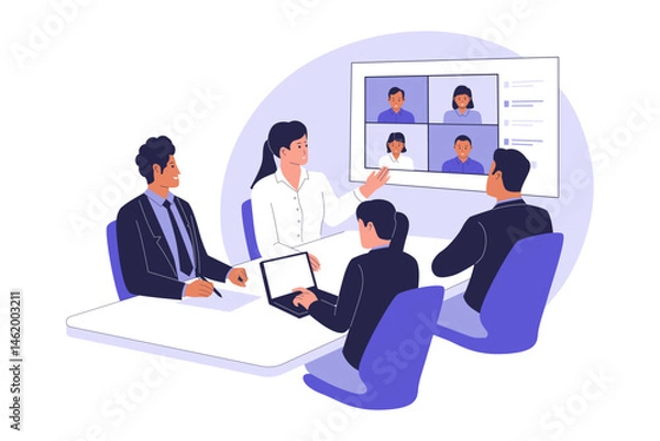 Fototapeta Virtual Business Meeting with Hybrid Team. Online and In-Person Collaboration Illustration. Illustration for websites, landing pages, mobile apps, posters and banners