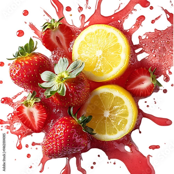 Fototapeta Bunch of Strawberries and Lemons with Splashing Water Isolated on Transparent Background