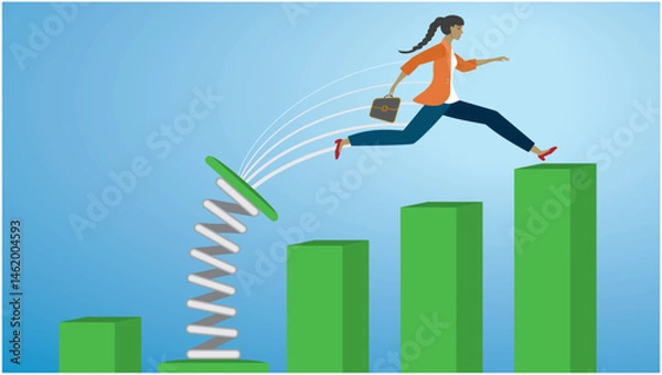 Obraz Woman jumping with a bounce to higer position. Career and development. New job. Dimension 16:9. Vector illustration.