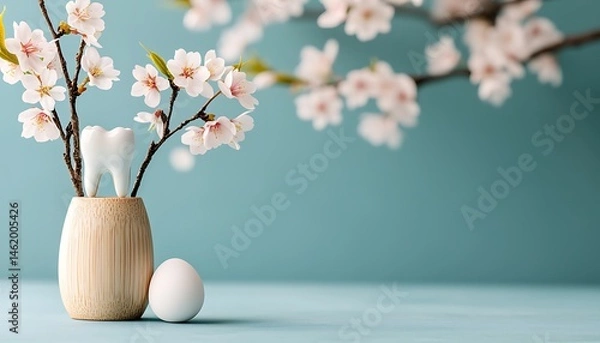 Fototapeta Tooth in vase with blossoms and egg, spring theme