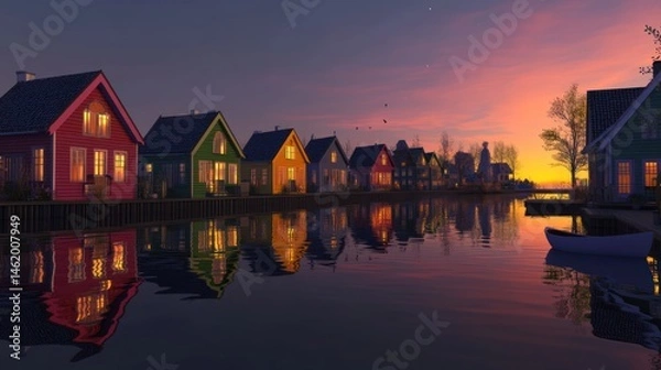 Fototapeta Colorful waterfront houses reflecting in tranquil water at sunset.