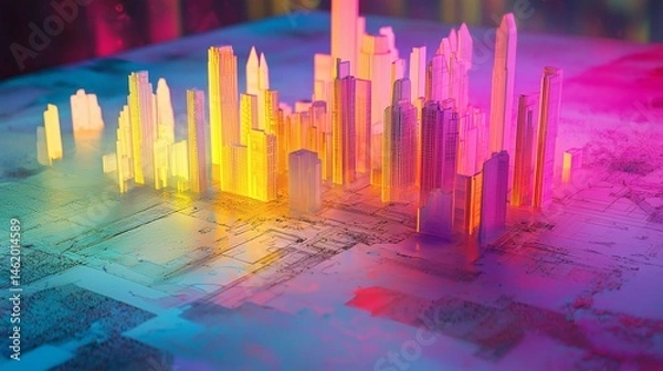 Fototapeta 51. Holographic city model rising from blueprint with retro colors