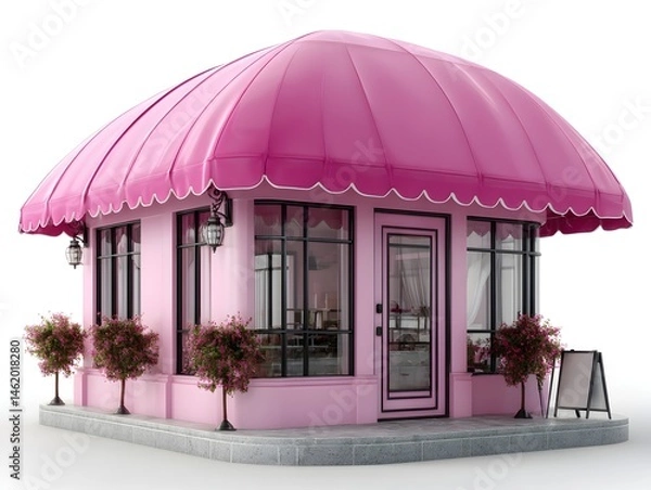 Fototapeta A charming pink kiosk with a stylish awning stands ready for business showcasing elegant storefront design and landscaping.