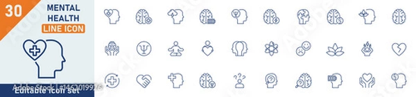 Fototapeta Mental Health line icon set. Set of 30 outline icons related to meditation, anxiety, psychologist, psychiatrist, depression, stress, therapy and others. Editable stroke. Vector illustration.