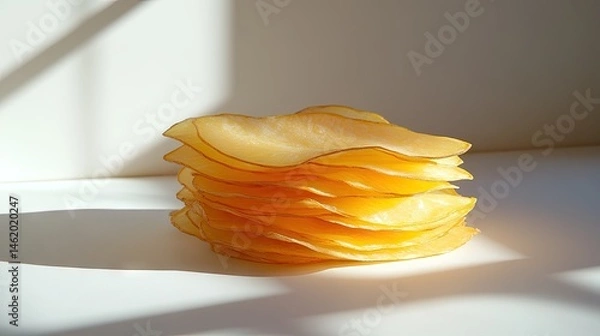 Fototapeta Stacked slices of fruit, illuminated by sunlight.