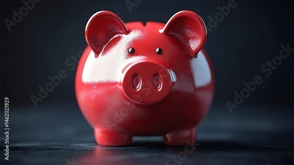 Fototapeta A red piggy bank is sitting on a black surface
