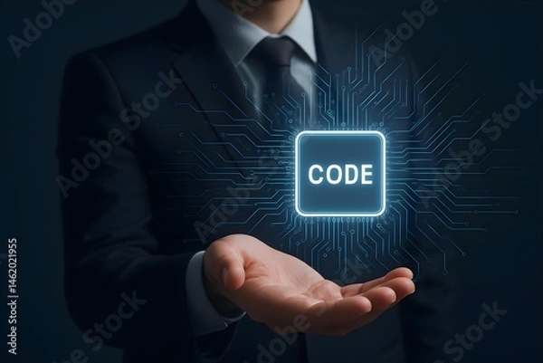 Fototapeta Businessman holding a glowing 'CODE' graphic, representing software development and digital innovation.