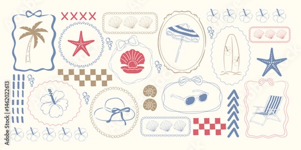 Obraz Vintage summer set of doodle hand drawn objects. Vintage summer symbols. Vacations, tourism, logo, frame, divider, icon.	