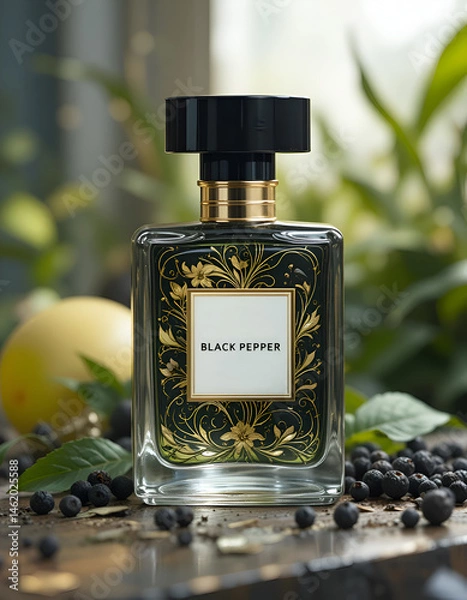 Obraz perfumery bottle with fragrance with black pepper and bergamote around . Digital artwork. Ai generated.