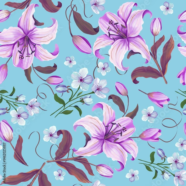 Fototapeta Beautiful lily flowers and spring flowers oil painting seamless pattern. Realistic and wonderful pattern for wallpaper and fabric.