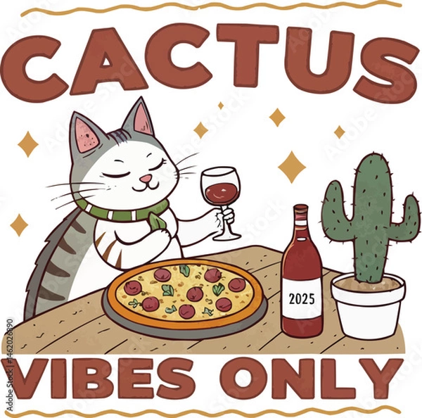 Fototapeta Cute cartoon cat sitting at a table and eating pizza. Generative AI.