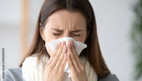 Obraz Woman Sneezing in a White Handkerchief or Tissue - Symptoms of being Ill or Sick - Bacteria and Sinus Infection - Influenza, Flu, Covid, Common Cold, Germs, Hay Fever, Unwell, Runny Nose, Allergy