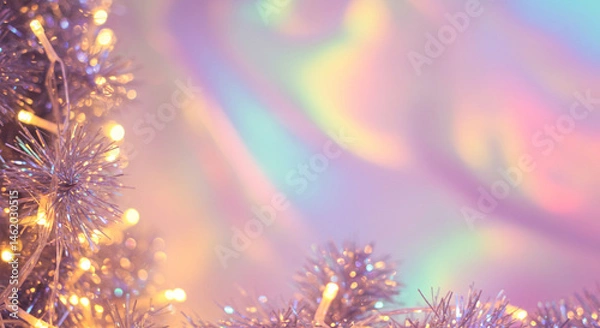 Fototapeta Christmas decoration background display concept idea with festive garland and abstract pastel rainbow bokeh lights. Winter holiday modern backdrop design illustration.