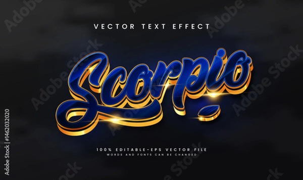 Fototapeta Stylish 3D text effect of the word 'Scorpio' in blue and gold.  Editable vector file.