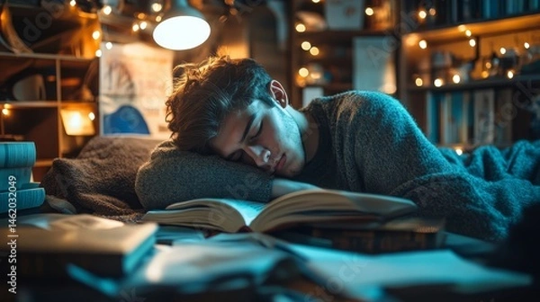 Fototapeta Exhausted Young Student Resting on Book at Home – Overwhelmed by Studies in Cozy Study Room Setting – Real-Life Academic Stress and Emotional Study Struggle Captured Naturally
