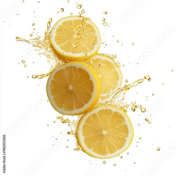 Fototapeta Fresh lemon slices splashing in water droplets on white background