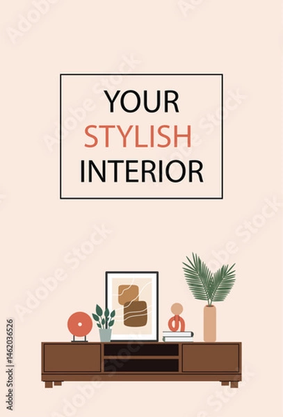 Fototapeta Banner interior design,home decor.A template with a space for the text.Flat vector illustration.