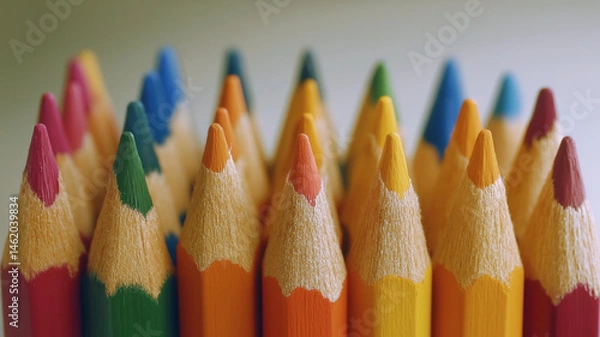 Fototapeta Colorful sharpened pencil tips arranged closely in rows, showing vibrant hues and detailed wood texture, evoking creativity and artistic inspiration in bright setting