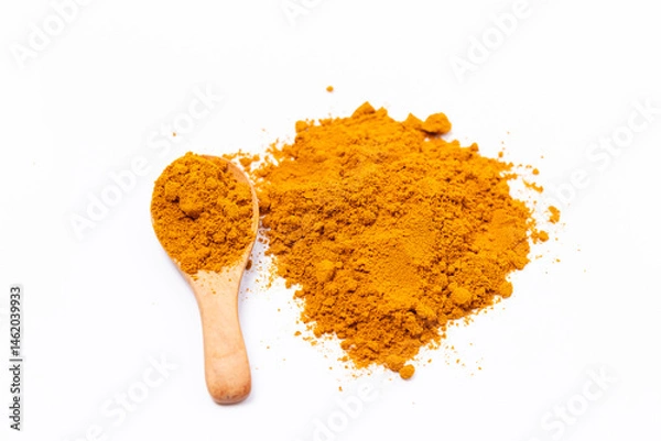 Obraz Dry Turmeric powder and turmeric root isolated on white background ,Top view.