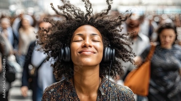 Fototapeta Smiling young woman in headphones with closed eyes in a midst of a blurred motion of a bustling crowd of a big city. Lost in sound, she smiles as the crowd rushes by around her.