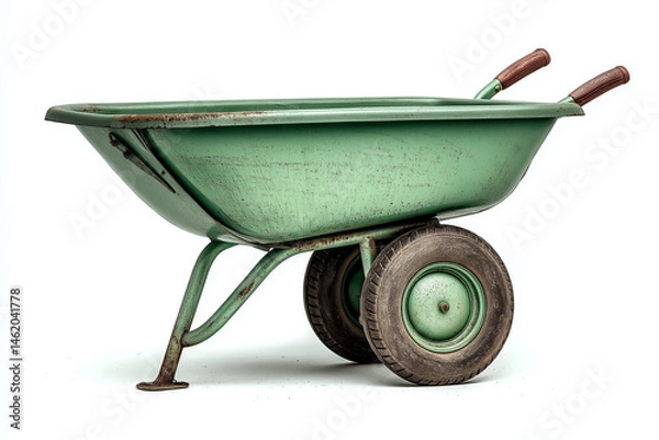 Fototapeta Green wheelbarrow with wooden handles and two wheels, showing signs of rust and wear, isolated on white background, useful for gardening and construction tasks