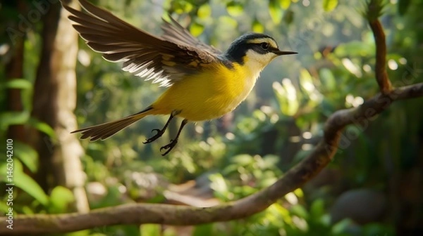 Fototapeta A vibrant small bird in flight amidst lush greenery.