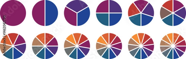 Fototapeta Circle pie chart diagram. Pie chart color icons. Circle section graph. 1,2,3,4,5,6,7,8,9,10 segment infographic. Colorful diagram collection. Vector illustration