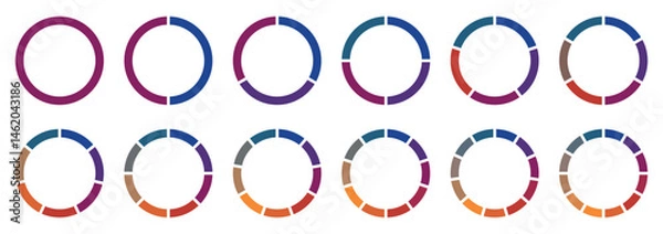 Fototapeta Pie chart color icons. Circle pie chart diagram. Circle section graph. 1,2,3,4,5,6,7,8,9,10 segment infographic. Colorful diagram collection. Vector illustration