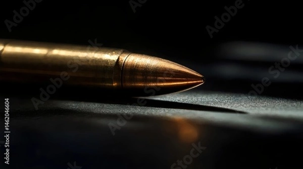 Fototapeta A striking close-up reveals the sharp tip of a gleaming bullet against a dark backdrop, enhancing detail.