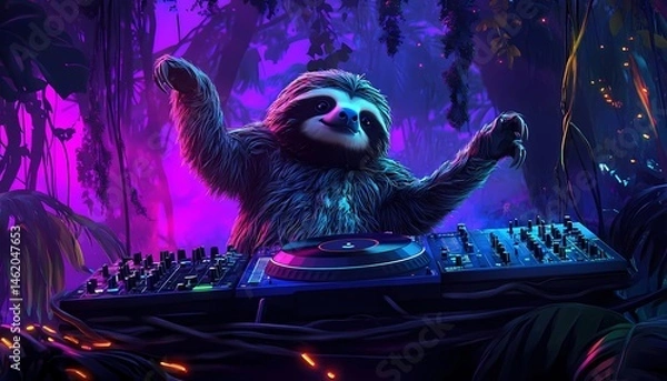 Obraz Sloth DJ at a Jungle Rave, A laid-back sloth DJ spinning records at a neon-lit jungle rave, with glowing vines and dancing animals, 
