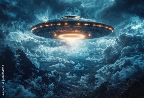 Fototapeta a glowing ufo hovers above a turbulent ocean shrouded in dark, dramatic clouds, emitting a powerful beam of light.