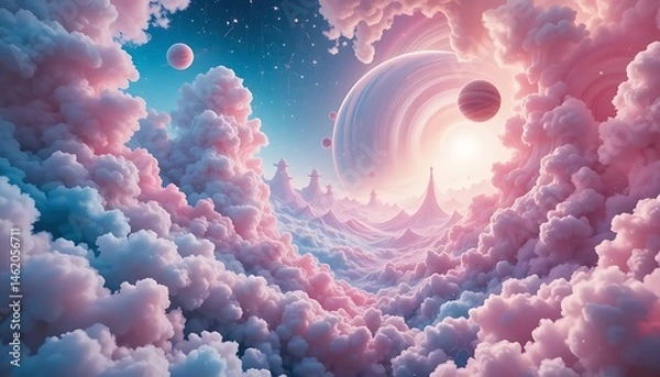 Fototapeta  Dreamlike nebula with swirling clouds and a distant, glowing planet framed by cosmic structures.