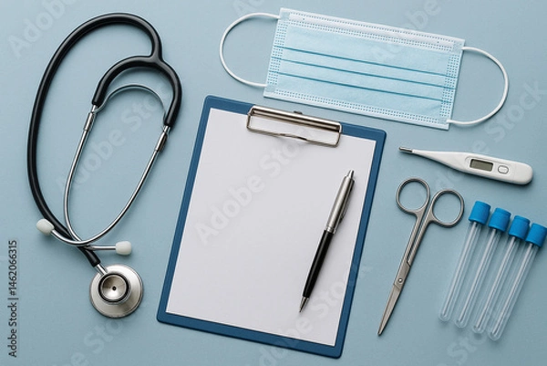 Obraz  High-resolution image of a medical stethoscope on a clean white surface, symbolizing healthcare and diagnostics.