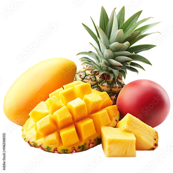 Fototapeta Radiant Tropical Medley Vibrant Mix of Mango Papaya Isolated on Transparent Background