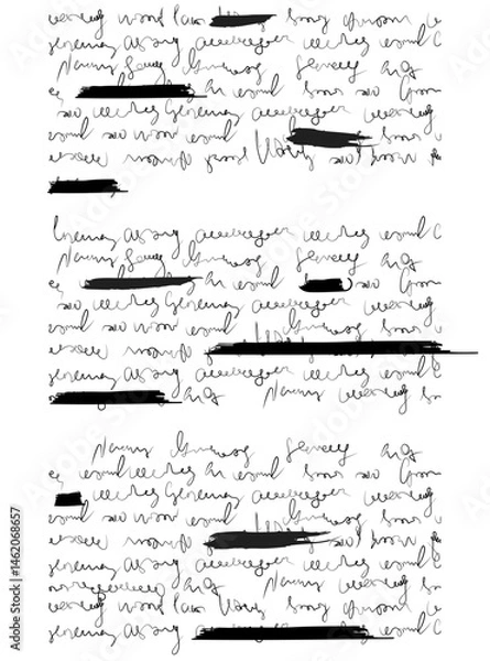 Fototapeta Hand write text letter or note with redacted marker. Handwritten scribble and script underline old paper. Edited draft of fake journal and poetry. Illegible ink sketch with scratch and strike lines
