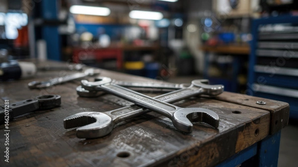 Obraz  close-up of metal wrenches arranged on a worn wooden workbench in an industrial garage or mechanical repair shop, symbolizing manual labor and craftsmanship