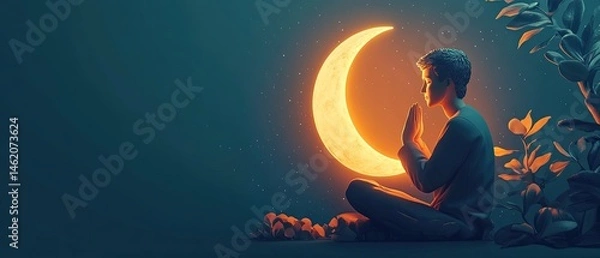 Fototapeta Serene boy meditating under crescent moon.