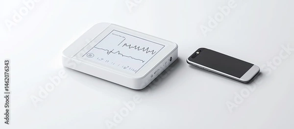 Fototapeta Portable medical device displaying ECG data connected to a smartphone.