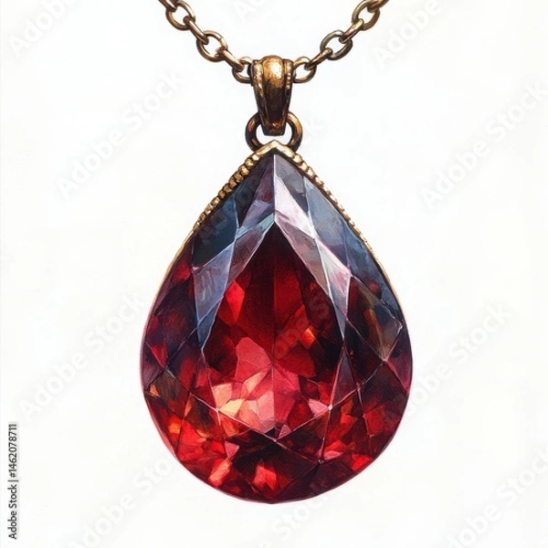 Obraz Elegant Teardrop Red Gemstone Pendant on Brass Chain: Luxurious Vintage Jewelry