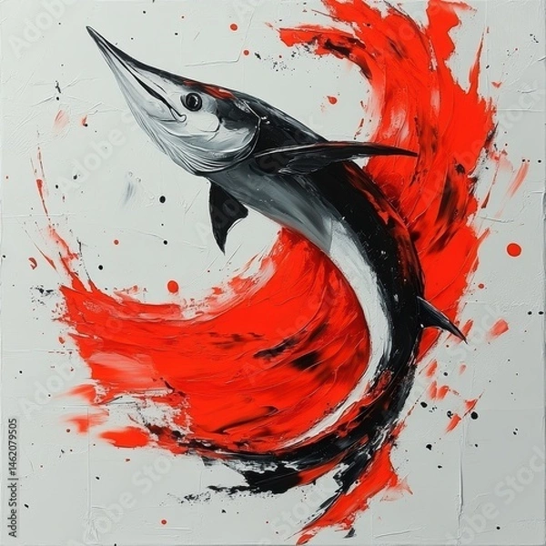 Obraz Dynamic Abstract Aquatic Art: Vibrant Fish in Black and White Underwater Scene