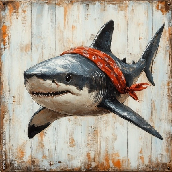 Obraz Humorous Whimsical Shark Illustration: Vibrant Retro Marine Art with Comical Flair