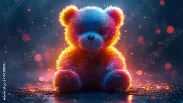 Fototapeta A teddy bear with a rainbow colored face is sitting on a dark surface