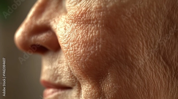 Fototapeta A close-up of the side of a person's face, highlighting skin texture and wrinkles. The detailed view emphasizes the natural aging process and facial features