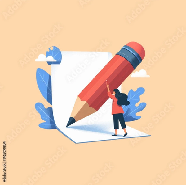 Obraz Imaginative vector illustration featuring a woman holding an oversized pencil and writing on a large sheet of paper, symbolizing creativity, storytelling, and content creation.